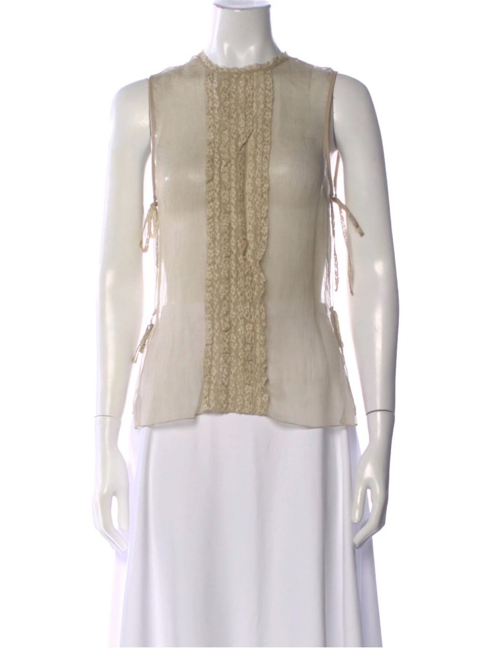 Vintage Chanel Sheer Beige Ruffle tank with ruffle lace  Panel and side ties